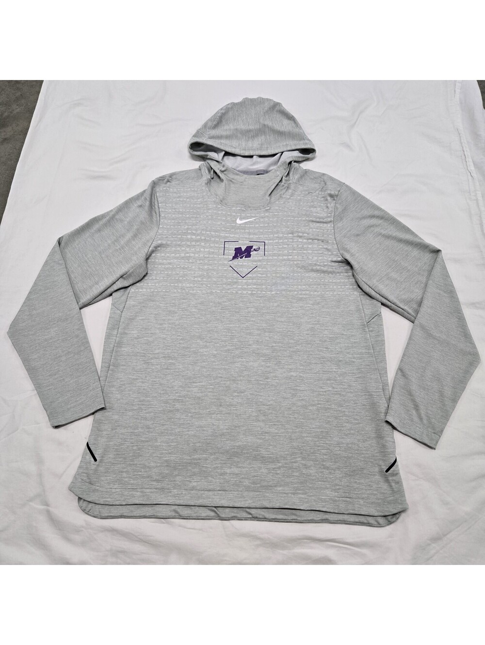 EUC Size LARGE Nike Millsaps Majors Hoodie Grey Graphic Pullover Center Swoosh
